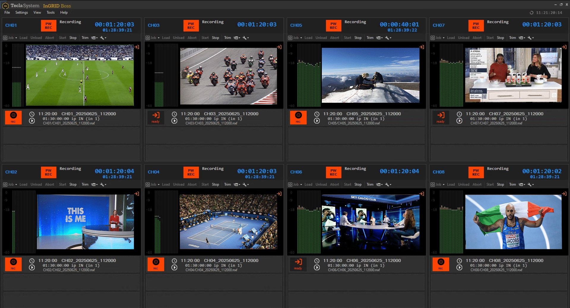 Ingrid Capture recording eight channels of live sport, news and studio feeds simultaneously