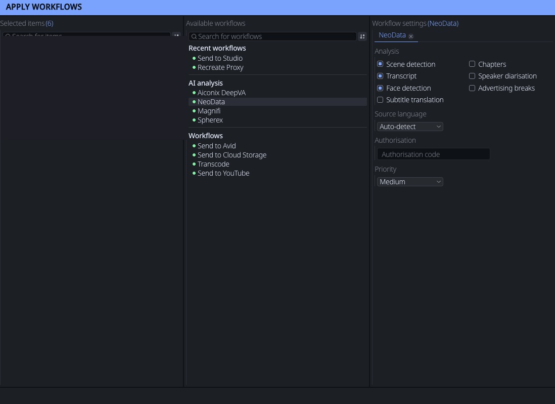 The Apply Workflows dialogue in Synaxis: a list of AI analysis providers on the left, and on the right the per-job settings for scene detection, transcript, face detection and subtitle translation