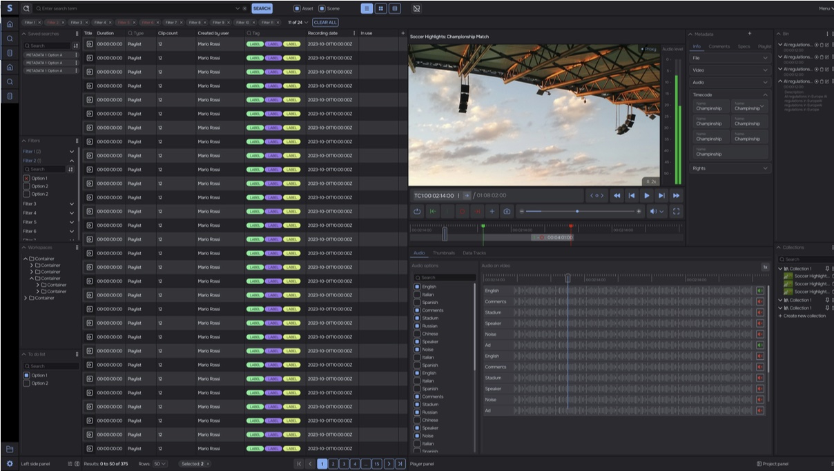 The Synaxis technical interface: a filtered asset list with durations, clip counts and tags, a player with timecode, the metadata panel, and an audio editor showing separate language and effects stems