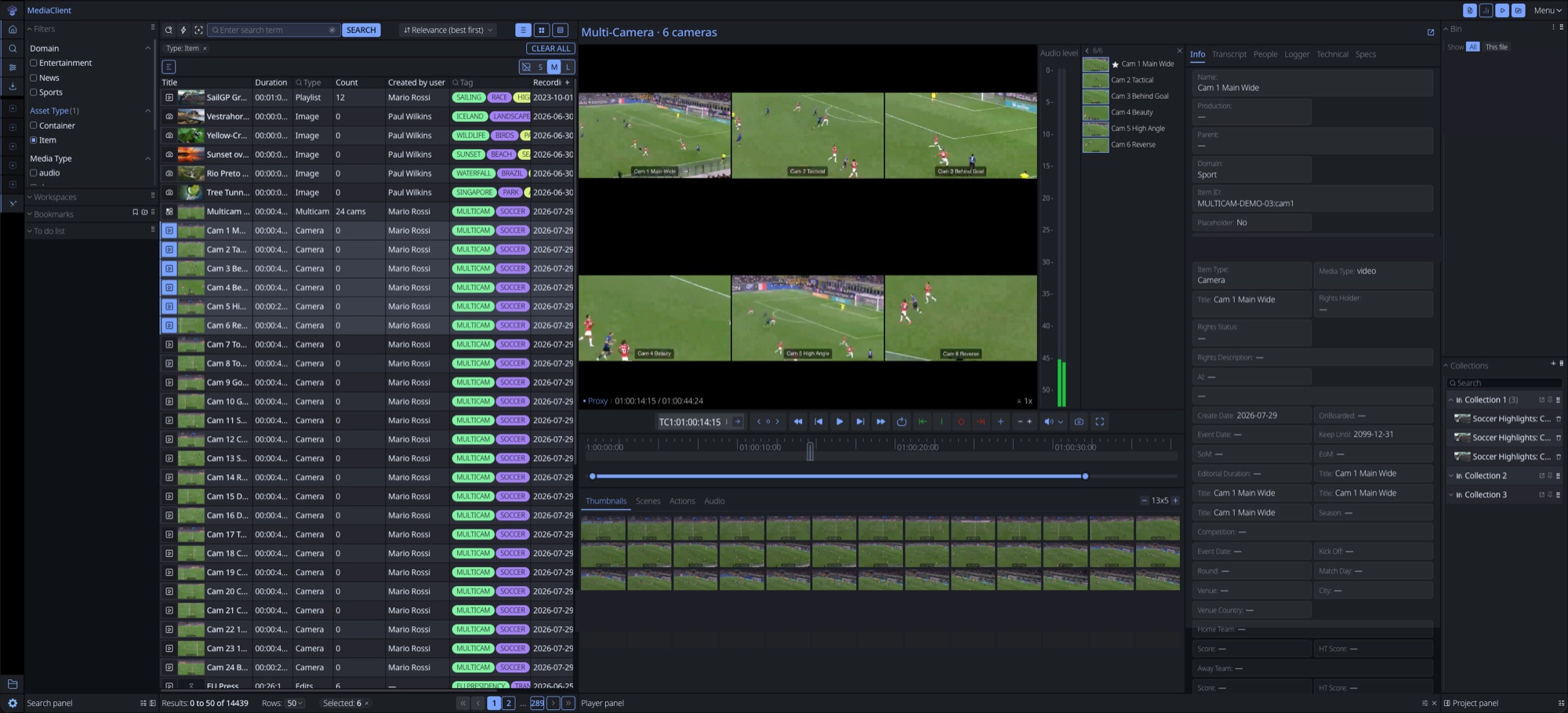 Synaxis playing six synchronised camera angles of one live match in a single window, with the shot list on the left and per-asset metadata on the right